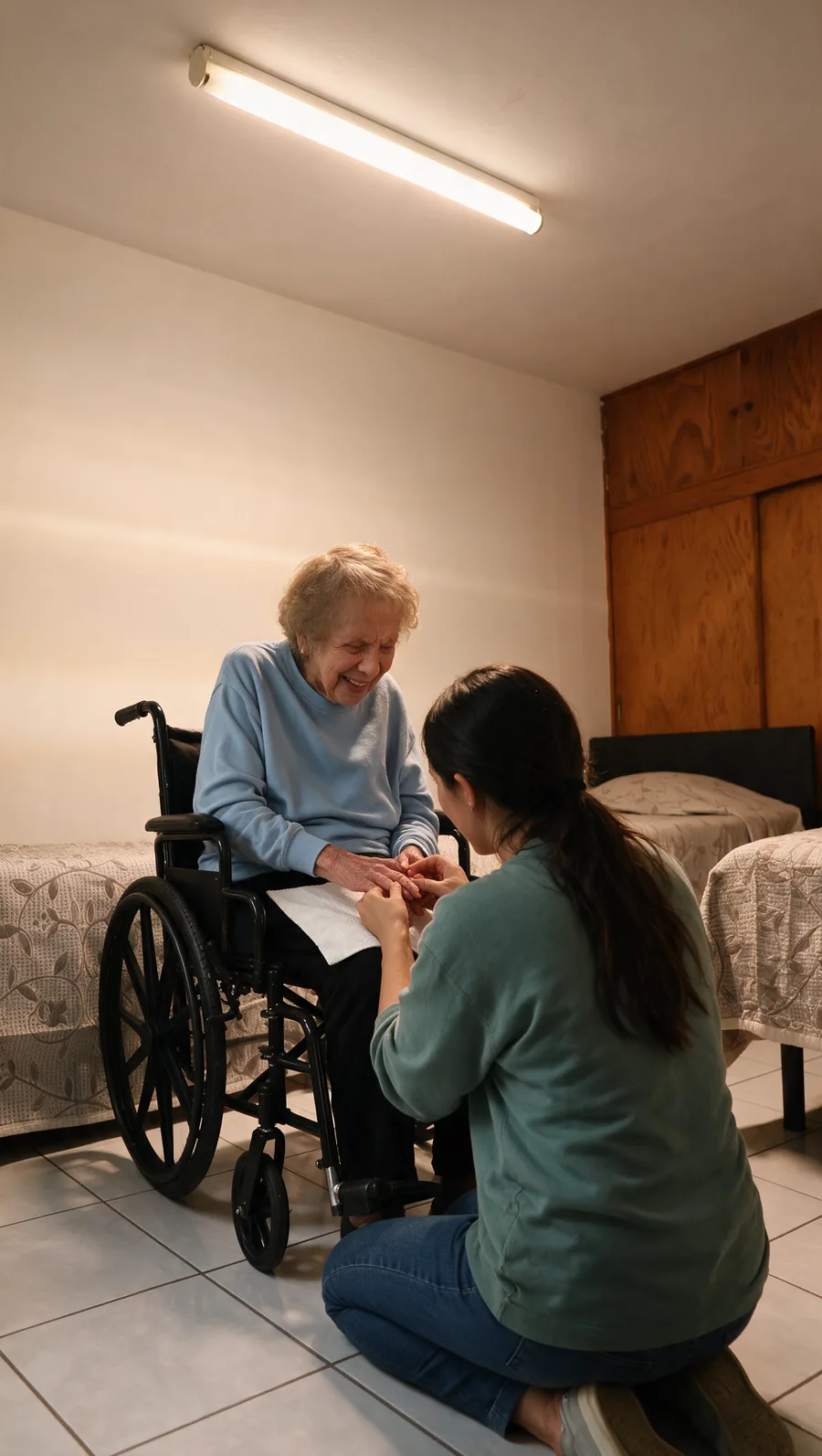 Una cuidadora sostiene con cariño las manos de una residente en su habitación
