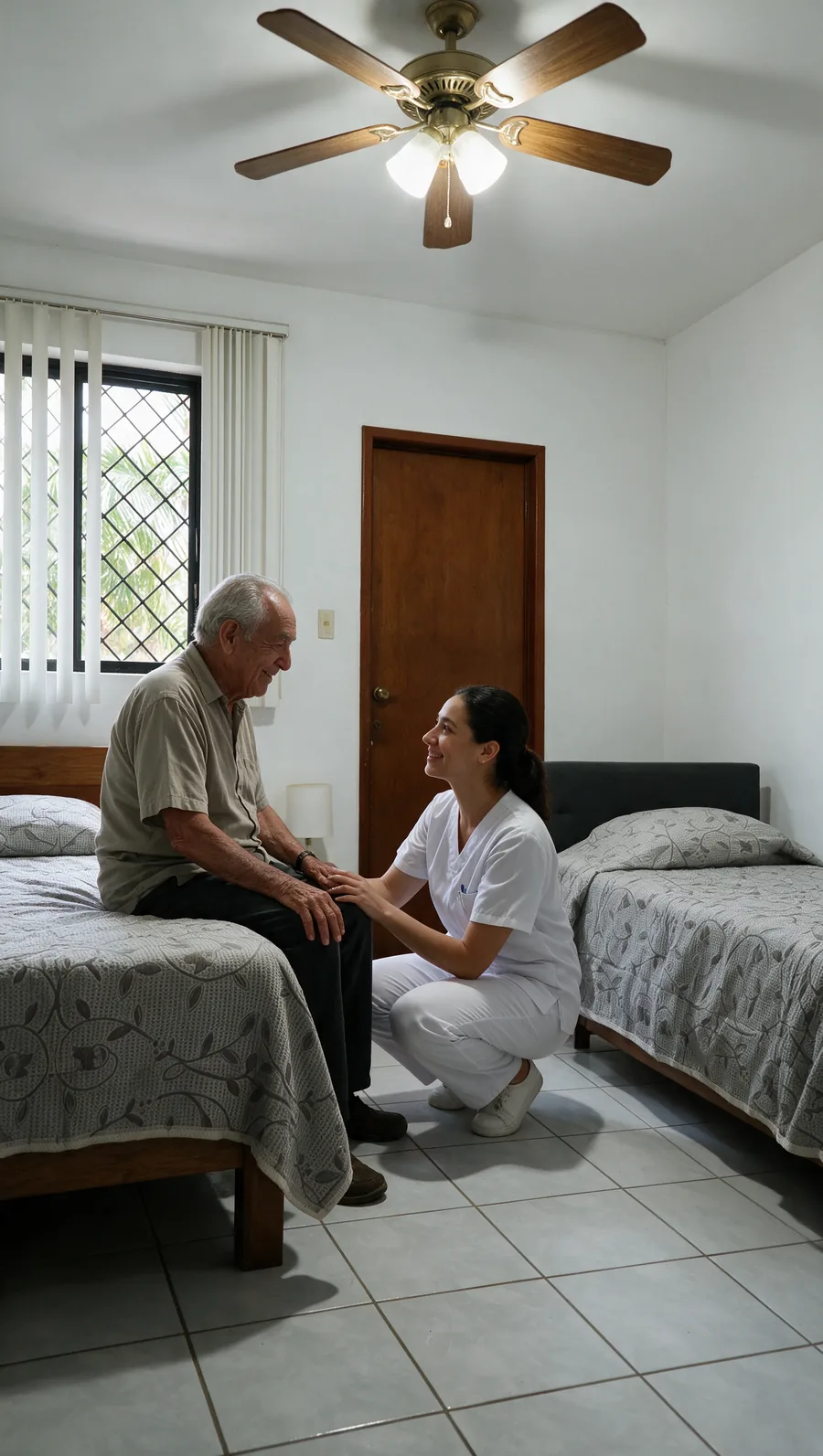 Enfermera conversando con un residente en su habitación