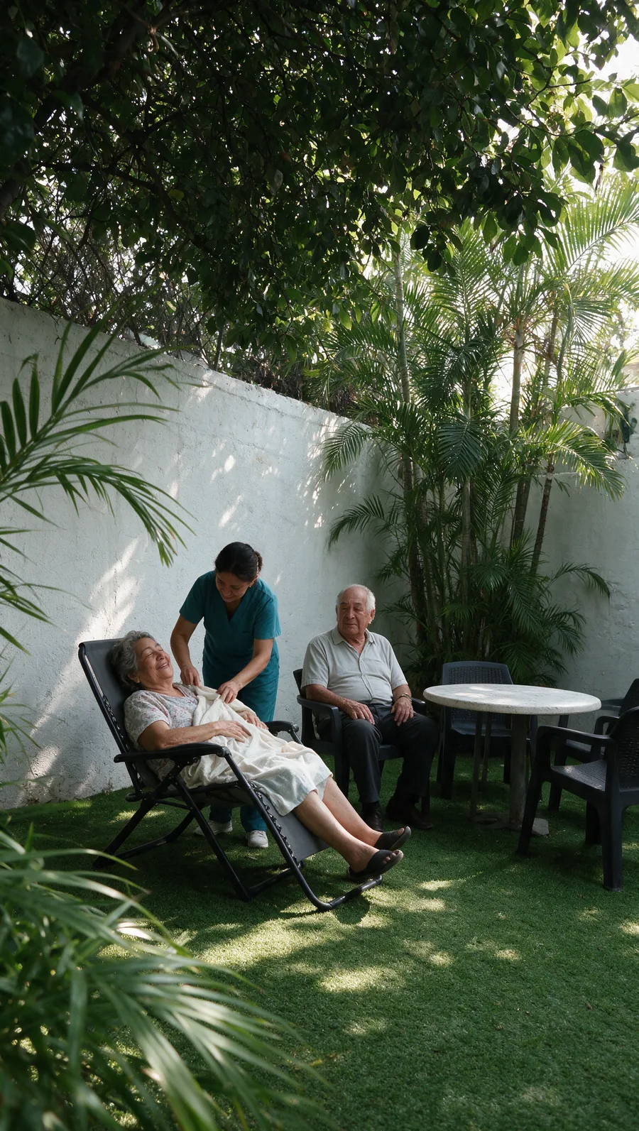 Adultos mayores descansando en el jardín rodeado de plantas